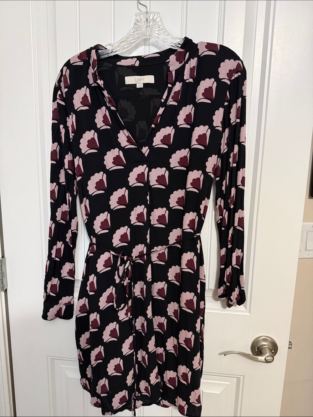 LOFT Black Floral-Print Long Sleeve Wrap Dress - Pink & Burgundy Accents